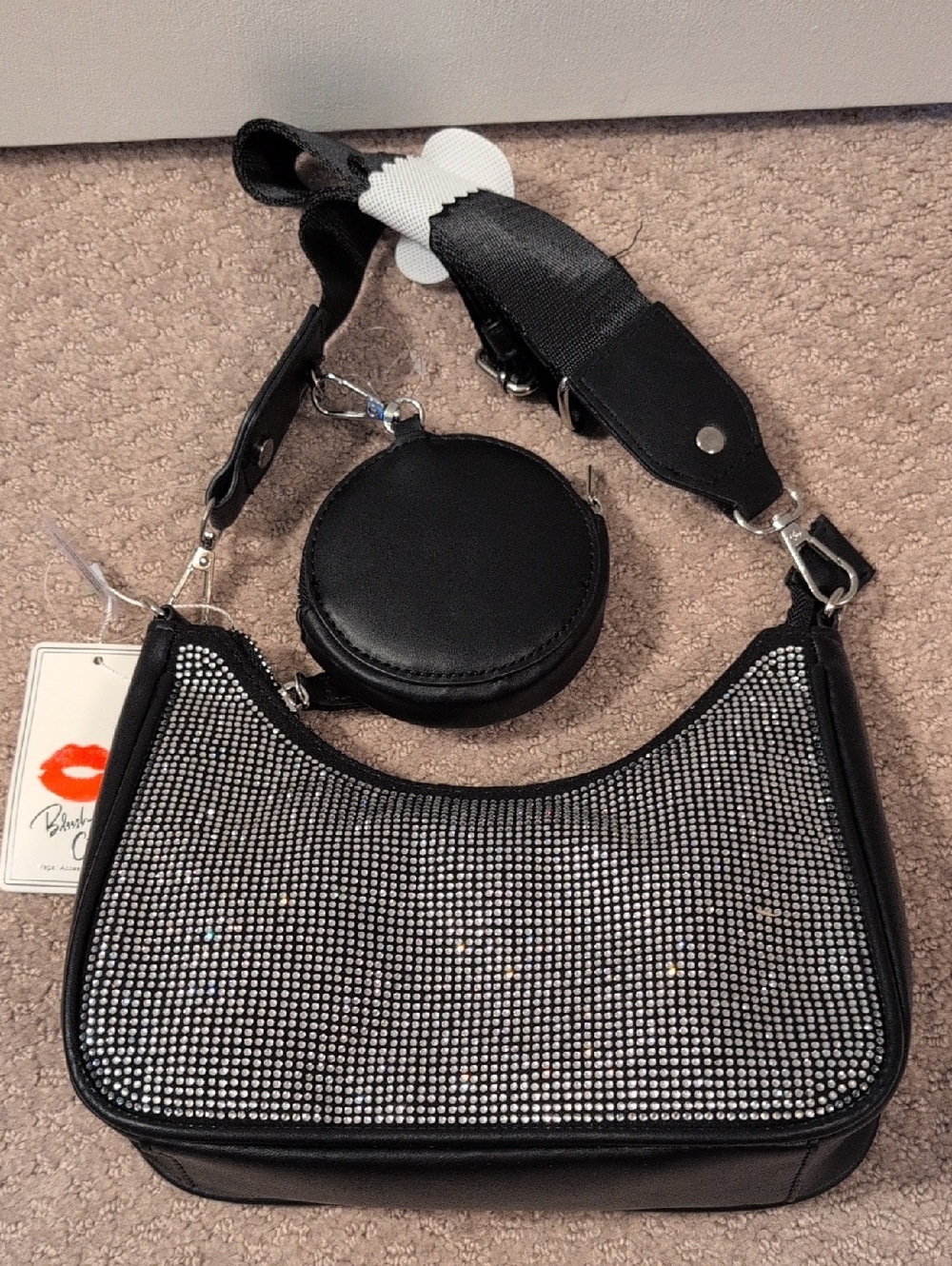 Blush Black Vegan Bling Crossbody Shoulder Bag With Coin Pouch NWT